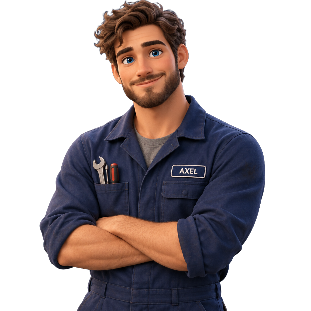 Axel, the friendly My Wheels mechanic, smiling with arms crossed